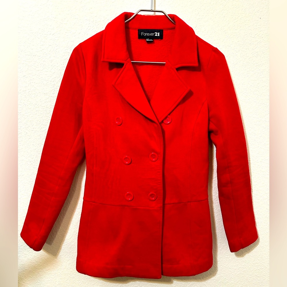 FOREVER 21 Red Double Breasted Buttoned Pea Coat